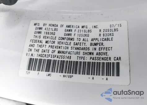 2015 Honda Accord Sport z USA, uszkodzony, nr VIN 1HGCR2F55FA255149